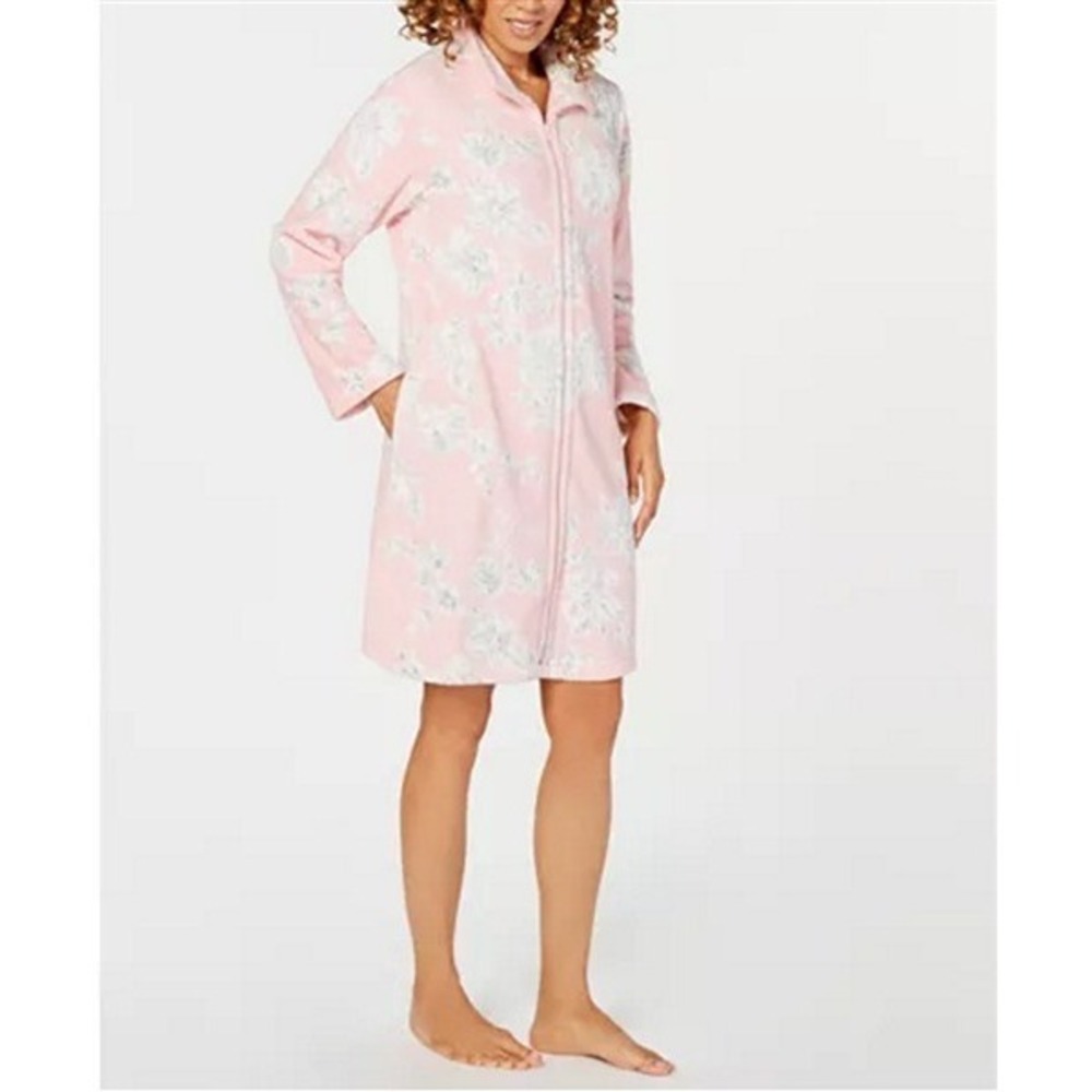 NWT Miss Elaine Plush Fleece 49" Long Zip Front Robe XL Pink Floral #113878